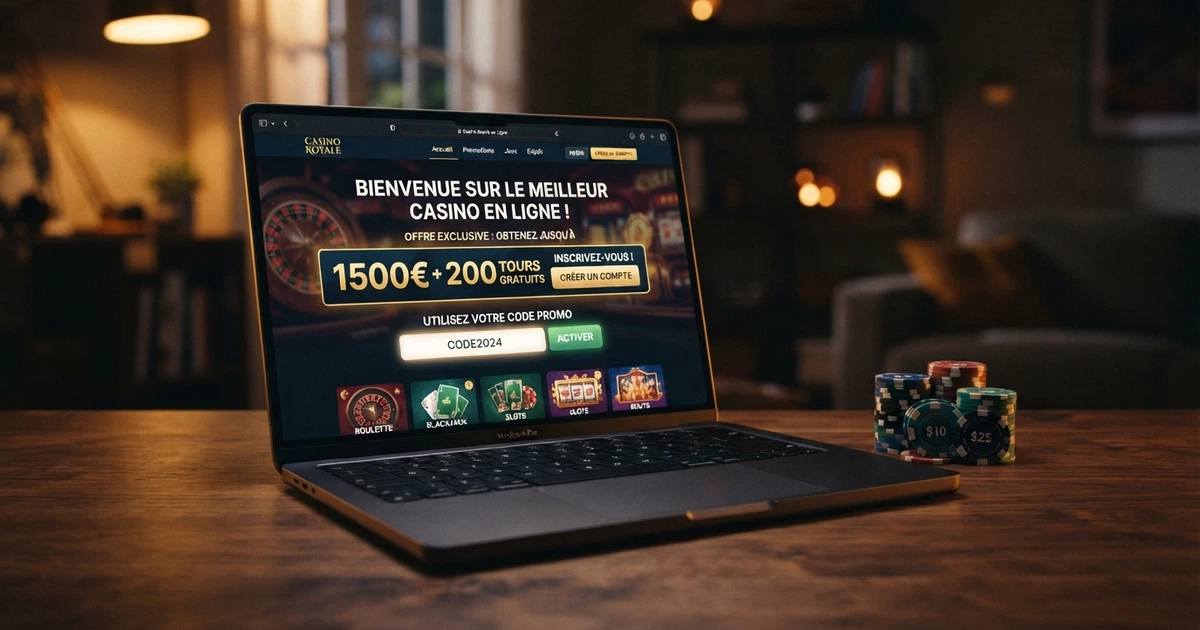 Interface d'un casino en ligne affichant un champ de saisie de code promotionnel à côté d'une offre de bonus de bienvenue