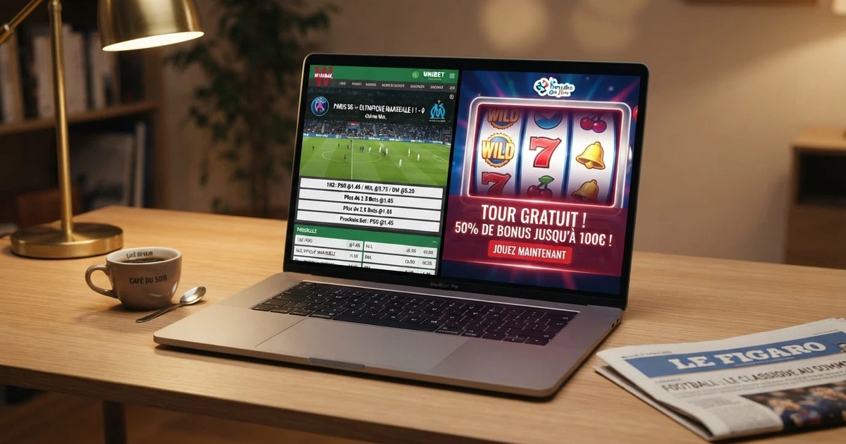 Un écran partagé entre un site de paris sportifs affichant le logo ANJ et une interface de casino en ligne barrée d'un bandeau rouge « interdit en France »
