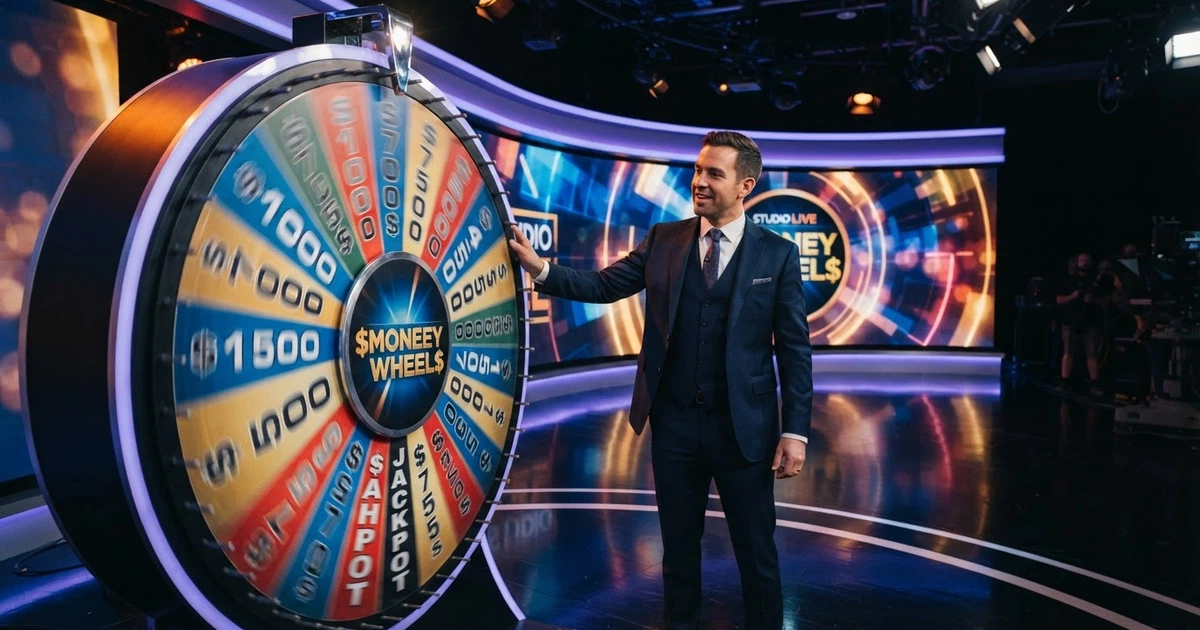 Plateau du jeu télévisé Crazy Time d'Evolution Gaming avec la roue multicolore à 54 segments, le croupier en direct et le décor de studio