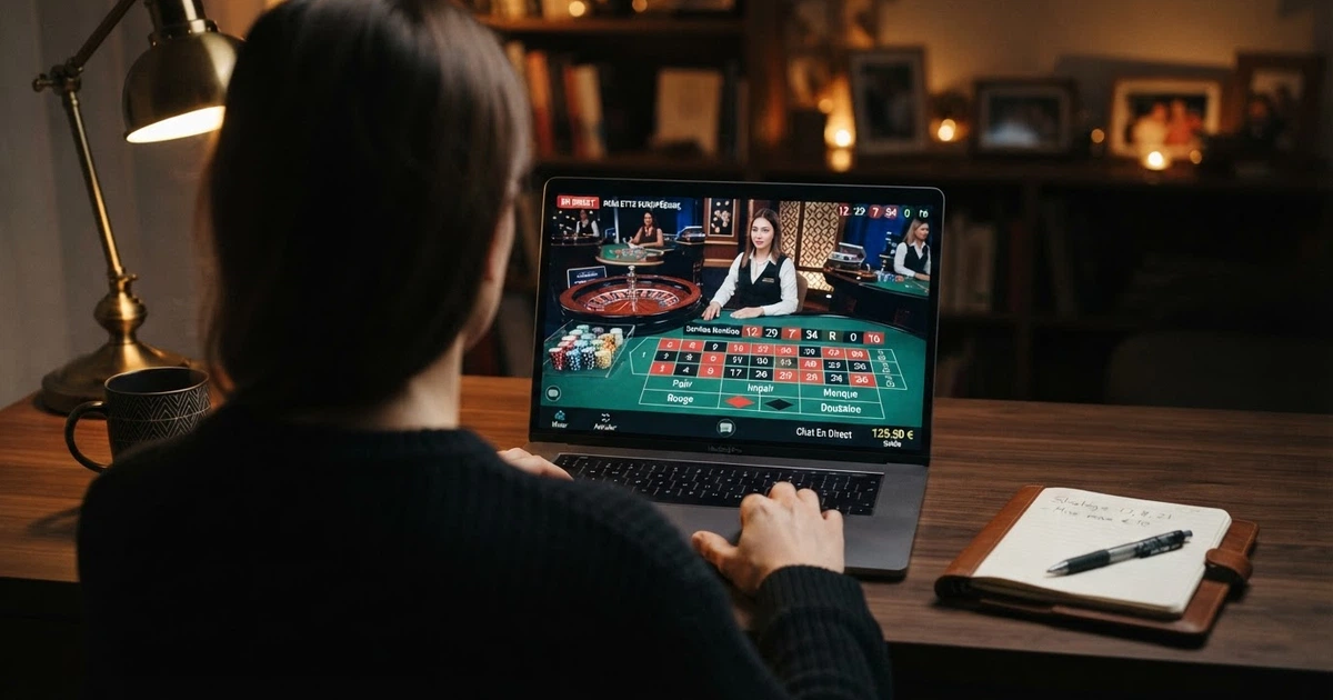 Interface d'un casino en ligne affichant un jeu de roulette en direct Evolution Gaming avec croupier filmé en studio, écran de mise et historique des numéros