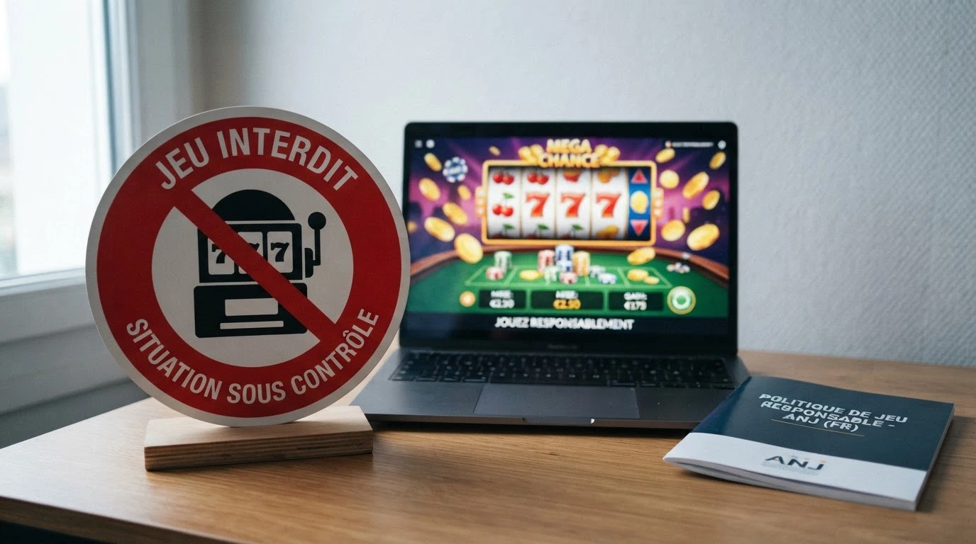 Panneau d'interdiction devant un écran de casino en ligne — symbole ANJ et mention « offre illégale »