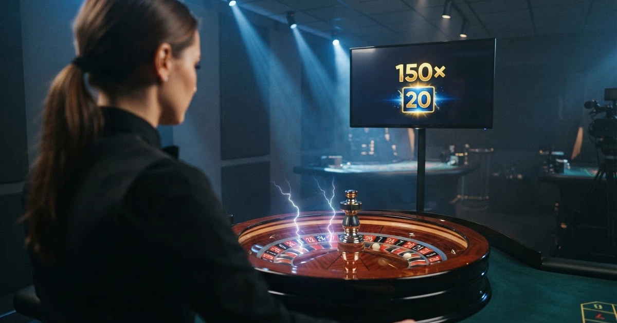 Une table de Lightning Roulette en studio live avec un croupier, la roue illuminée et des éclairs sur les numéros porte-bonheur affichés à l'écran