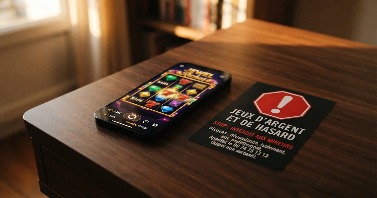 Un écran de smartphone affichant la page d'accueil d'un casino en ligne, avec le logo NetEnt visible parmi les fournisseurs, et en surimpression un panneau d'avertissement signalant l'absence d'agrément ANJ
