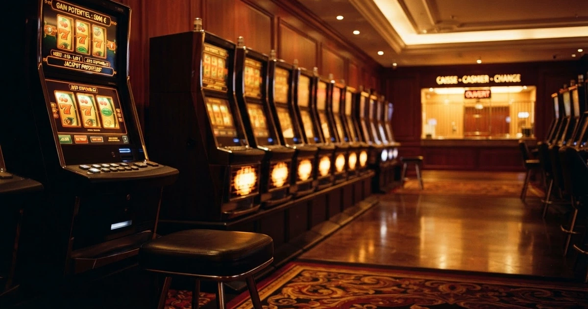 Logo Novomatic sur fond de salle de casino terrestre avec rangée de machines à sous éclairées