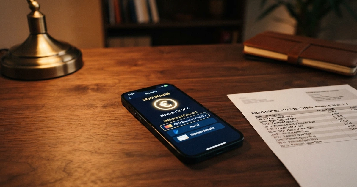 Un smartphone affichant une page de dépôt de casino en ligne avec l'option « paiement par téléphone » sélectionnée, posé à côté d'une facture de téléphone détaillée