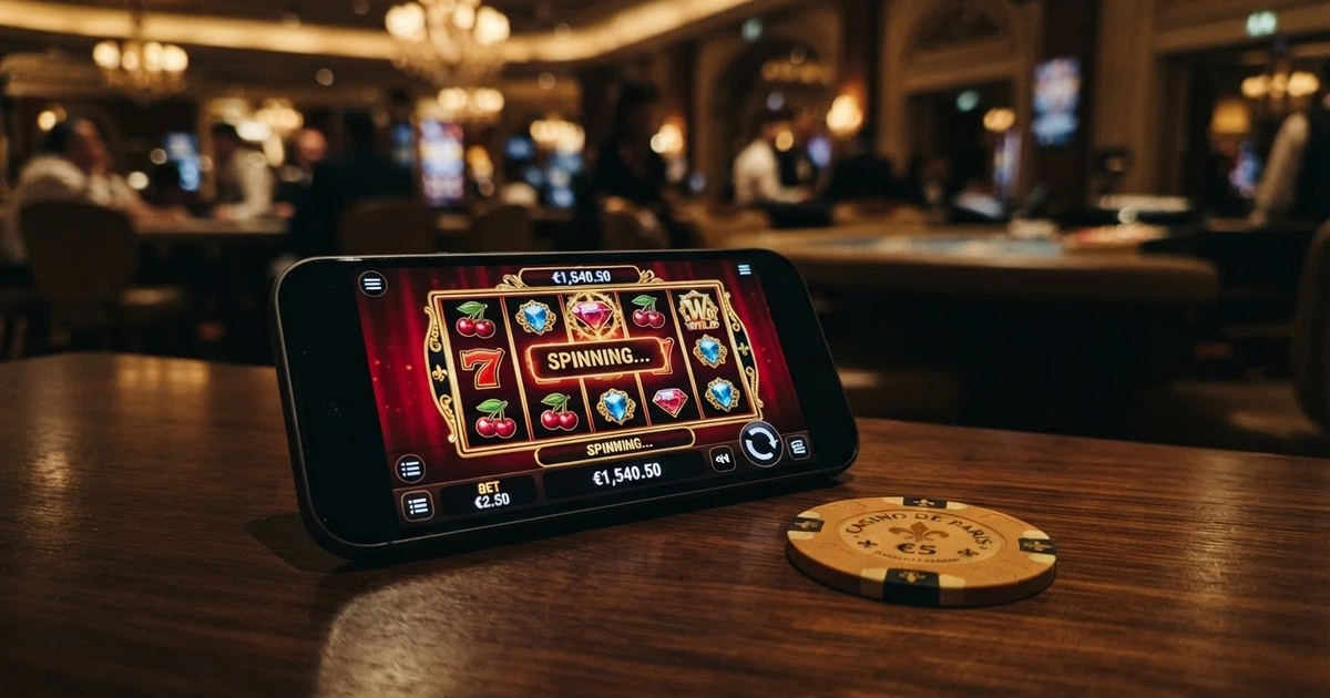 Un écran affichant l'interface d'un casino en ligne avec le logo Bitcoin, posé à côté d'un smartphone affichant une alerte de l'ANJ