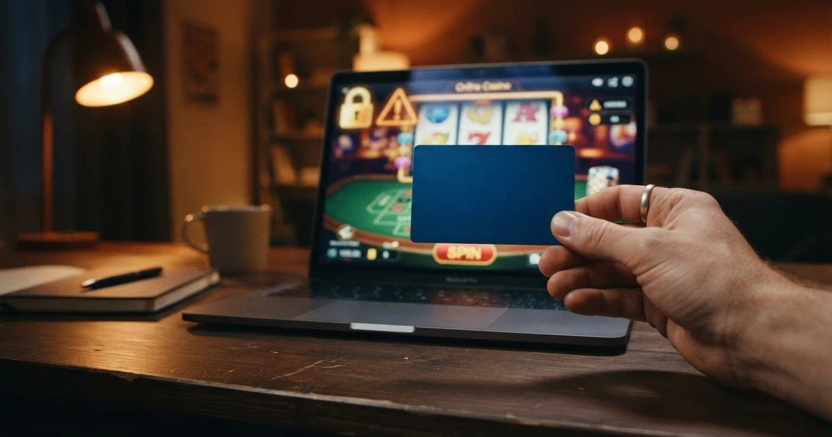Main tenant une carte bancaire devant un écran affichant une interface de casino en ligne, avec un cadenas et un symbole d'avertissement