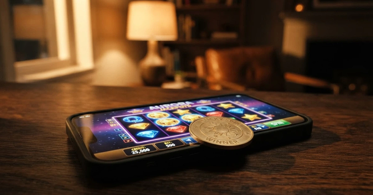 Une pièce Dogecoin posée sur un écran de smartphone affichant une interface de casino en ligne