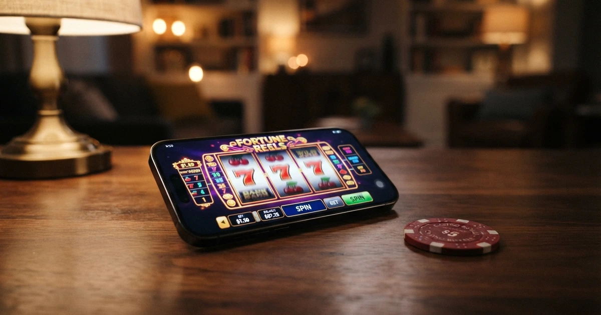 Une interface de casino en ligne affichant une machine à sous colorée et le logo de paiement Jeton