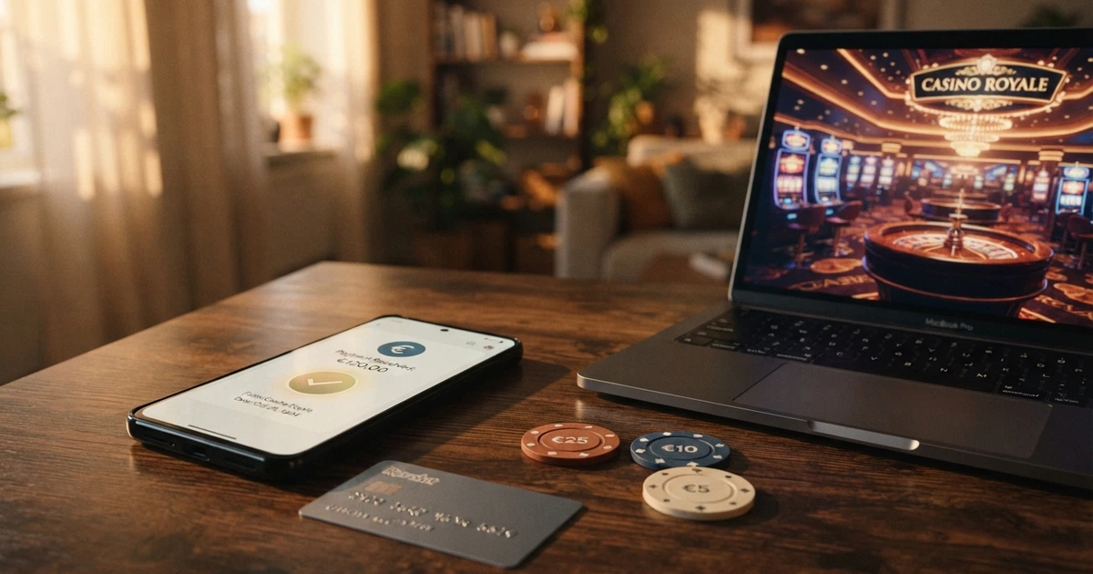 Un téléphone affichant l'application MuchBetter à côté d'une interface de casino en ligne sur un écran d'ordinateur, avec des jetons et une carte bancaire en arrière-plan