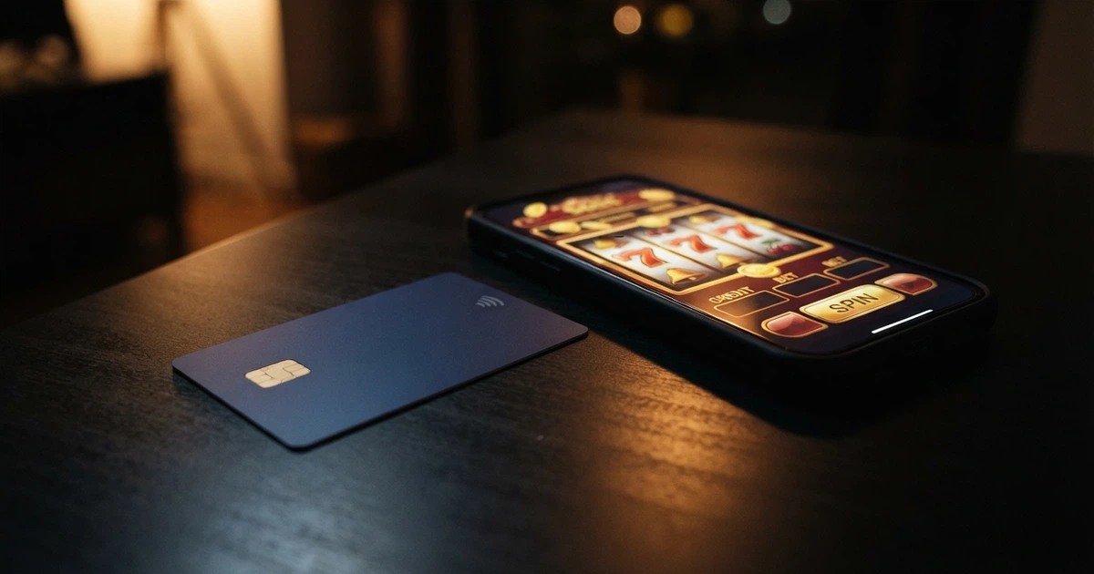 Une carte bancaire N26 Mastercard posée à côté d'un smartphone affichant l'interface d'un casino en ligne, sur un fond sombre.