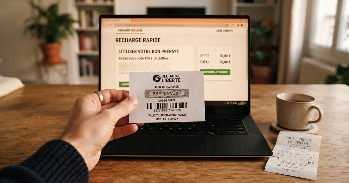 Un ticket Neosurf tenu devant un écran affichant la caisse d'un casino en ligne, le champ du code PIN visible