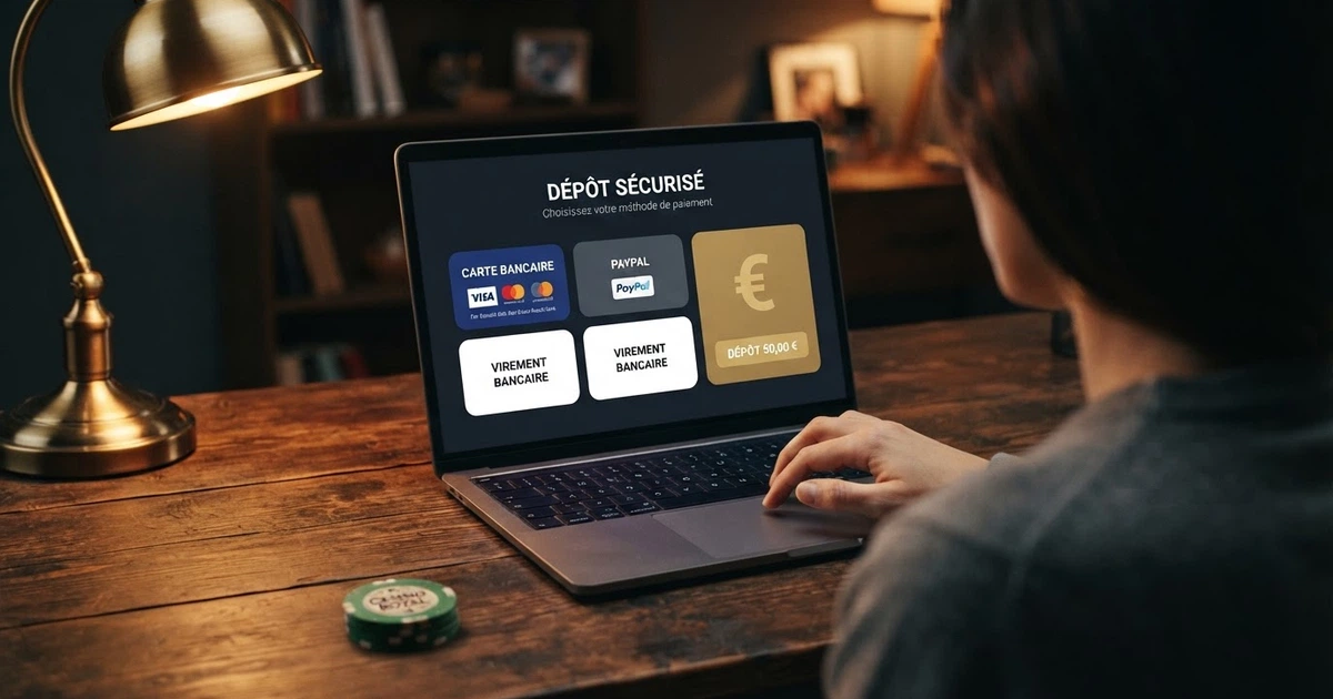 Interface de paiement d'un casino en ligne affichant plusieurs méthodes de dépôt (cartes, portefeuilles électroniques, cryptomonnaies)