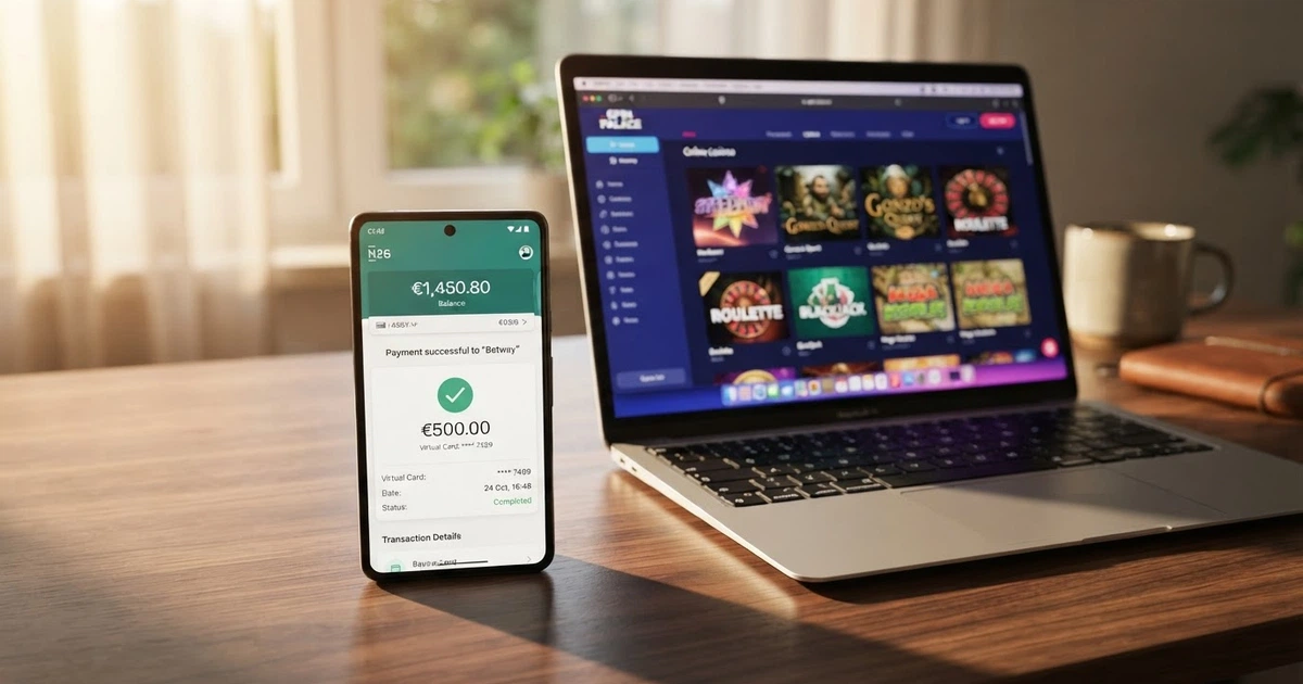 Un smartphone affichant l'interface de l'application Revolut à côté d'un écran d'ordinateur portable ouvert sur la page d'accueil d'un casino en ligne