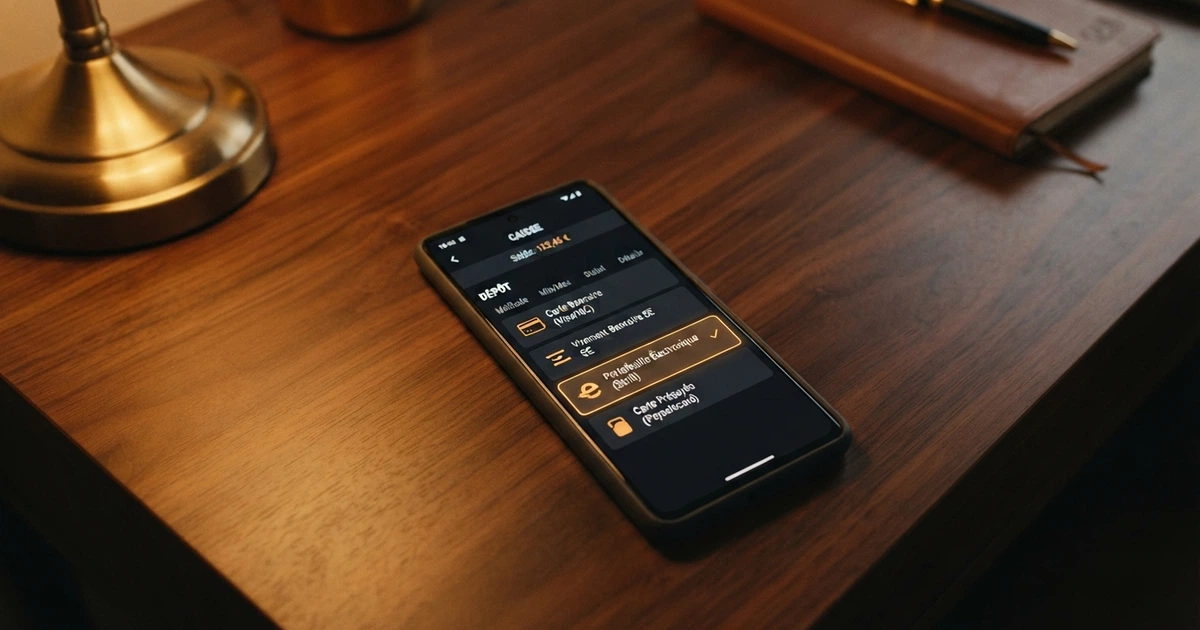 Interface d'un casino en ligne affichant le logo Skrill parmi les options de paiement par portefeuille électronique