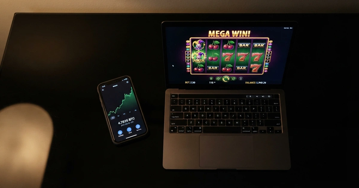 Un écran partagé : à gauche, un wallet Phantom affichant un solde en SOL sur un smartphone, à droite, l'interface d'un casino en ligne avec une machine à sous colorée et le logo Solana visible