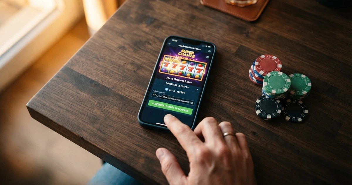 Une interface de casino en ligne affichant le logo TRON et une adresse de dépôt en TRX, avec la blockchain TRON en arrière-plan