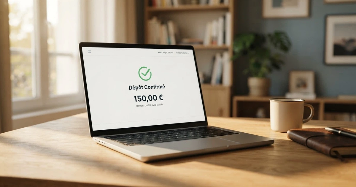 Interface de dépôt Trustly affichée sur l'écran d'un ordinateur portable, avec le logo de la banque du joueur et la confirmation du montant déposé