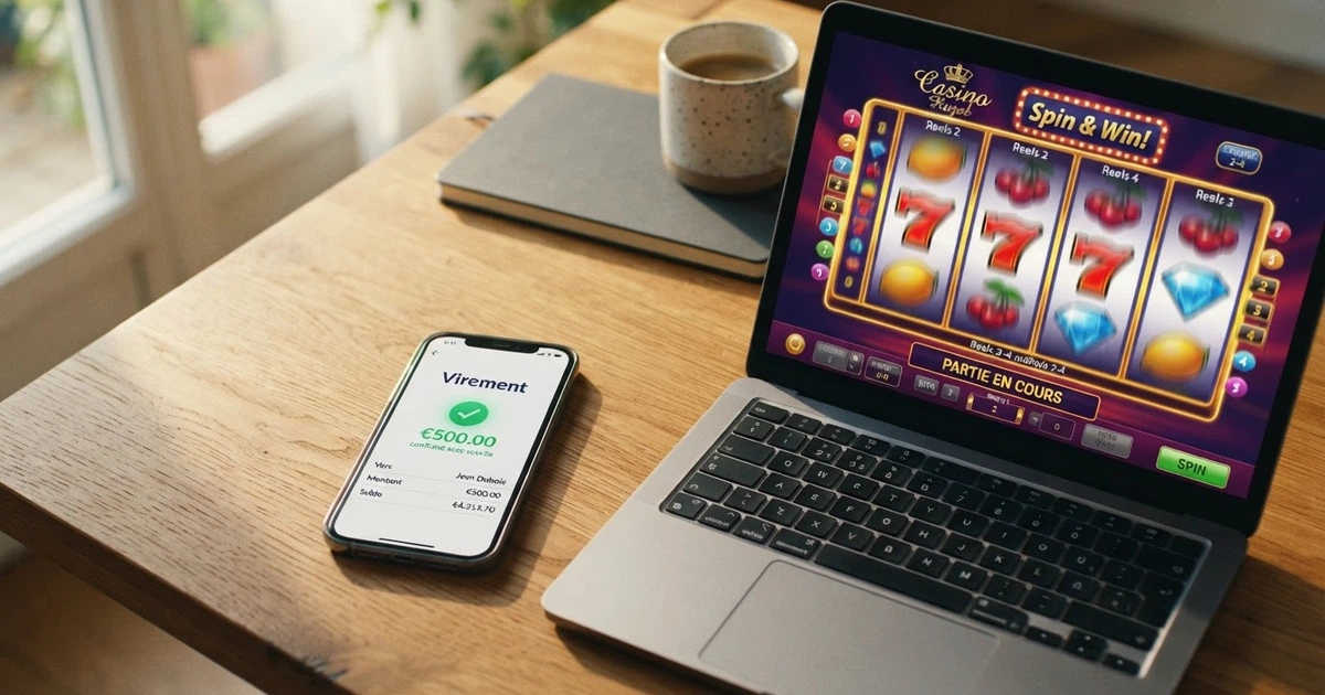 Un téléphone affichant une application bancaire avec l'interface d'un virement SEPA instantané, posé à côté d'un ordinateur portable ouvert sur une page de casino en ligne.