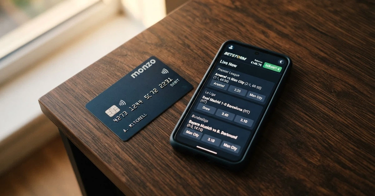 Une carte bancaire Visa posée à côté d'un écran de smartphone affichant l'interface d'un site de paris sportifs agréé ANJ, avec le logo de l'ANJ visible en bas de l'écran.