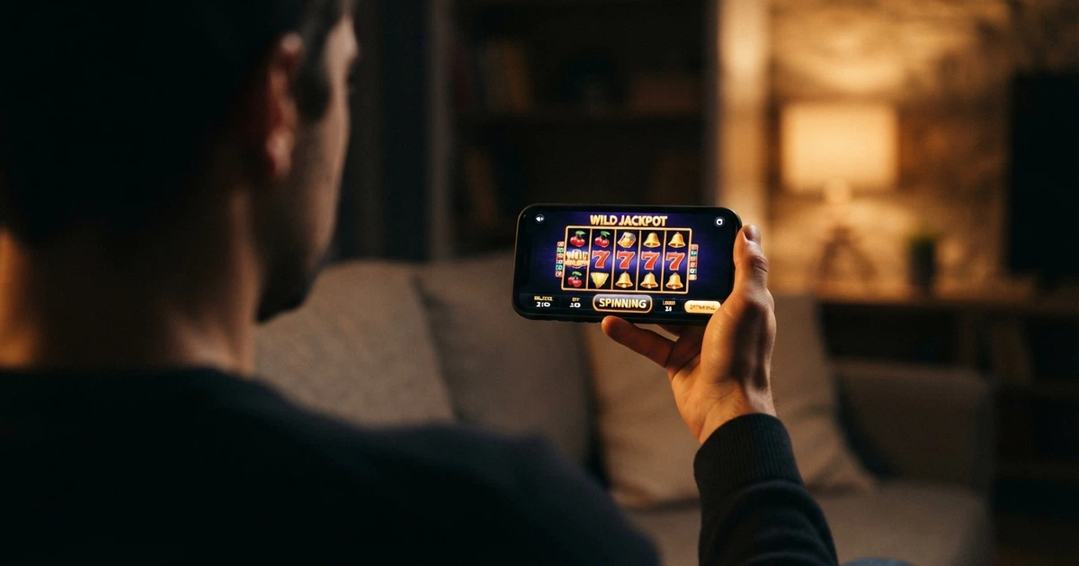 Un joueur français consultant un casino mobile sur l'écran de son smartphone, l'interface de jeu visible en arrière-plan