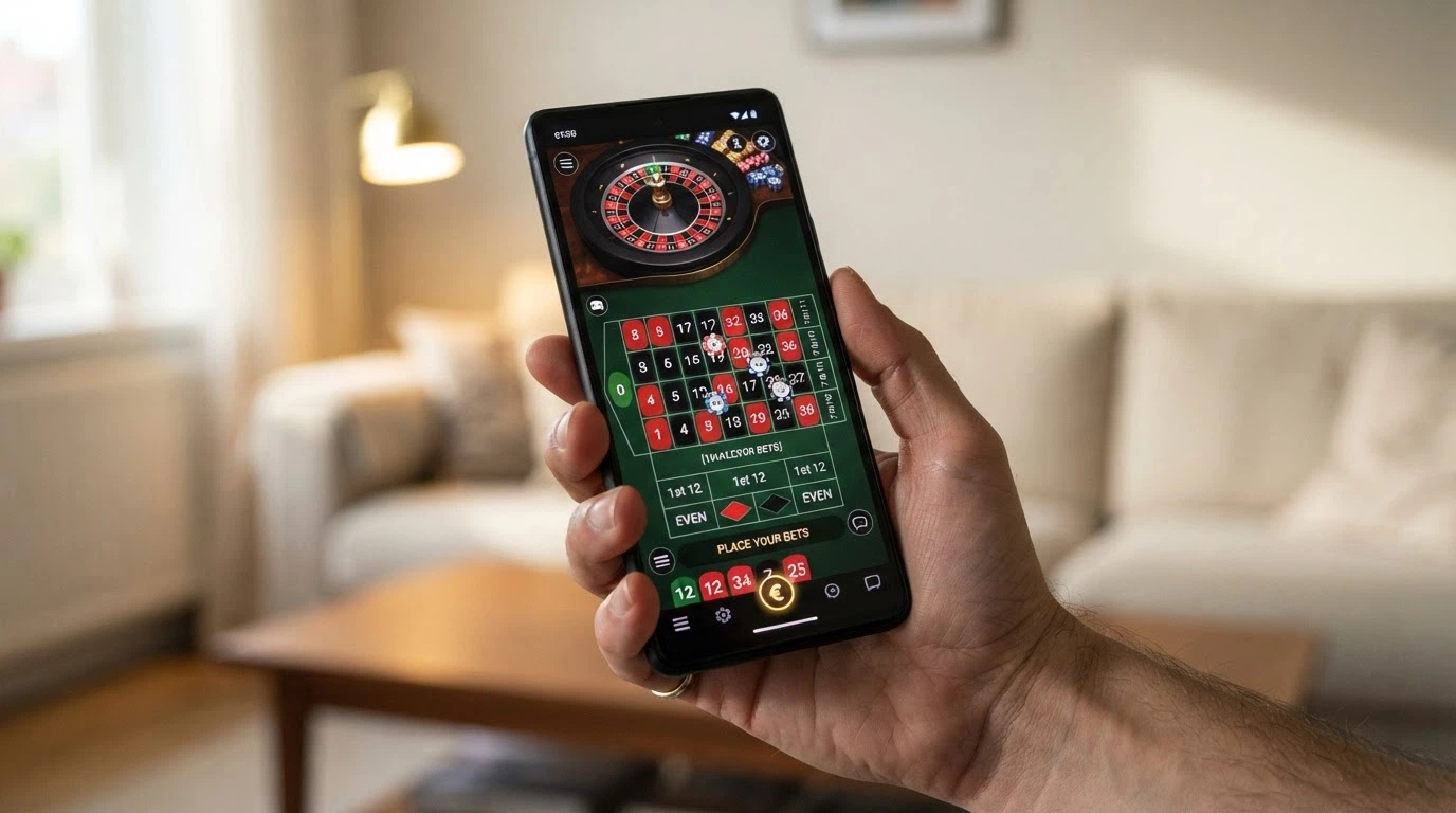 Une main tenant un smartphone en mode portrait, une table de roulette en direct affichée sur l'écran, doigt au-dessus du bouton de mise