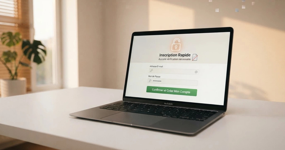 Un écran d'ordinateur affichant la page d'inscription d'un casino en ligne, avec un cadenas ouvert et une icône de document barrée en surimpression