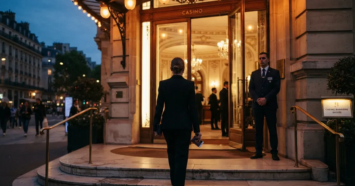 L'entrée d'un casino français avec un agent de sécurité vérifiant une pièce d'identité