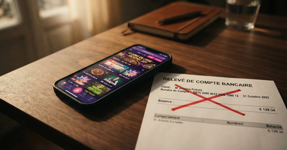 Un écran de smartphone affichant la page d'accueil d'un casino en ligne, posé à côté d'un RIB français barré d'une croix rouge, sur un fond de bureau sobre
