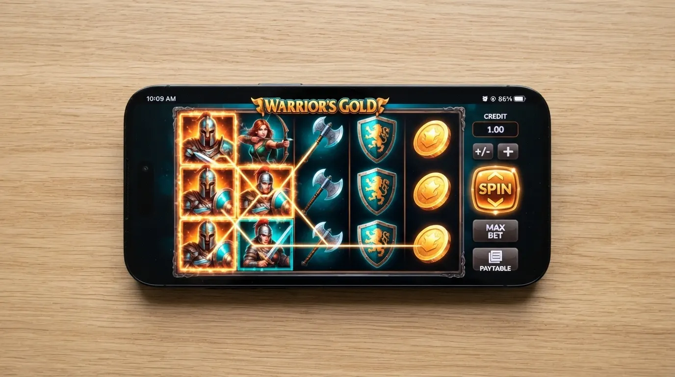 Smartphone affichant une machine à sous Yggdrasil en mode paysage, interface tactile visible