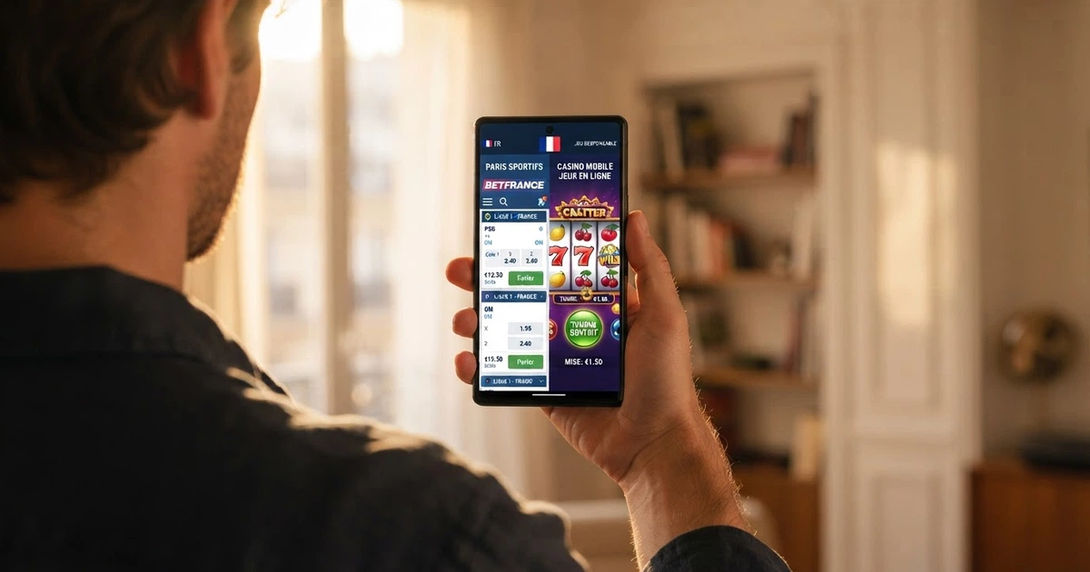 Écran de smartphone affichant côte à côte une application de paris sportifs agréée ANJ et un casino en ligne sur navigateur mobile, avec le drapeau français en surimpression
