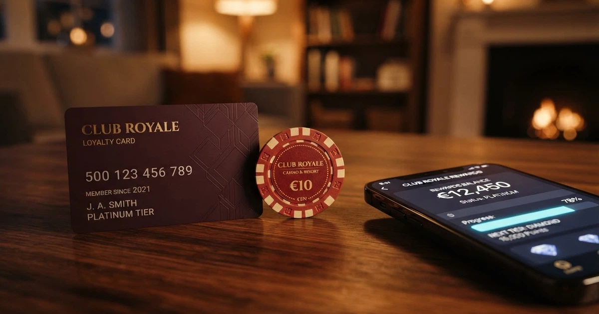 Une carte de fidélité de casino posée à côté d'un jeton et d'un smartphone affichant un solde de points