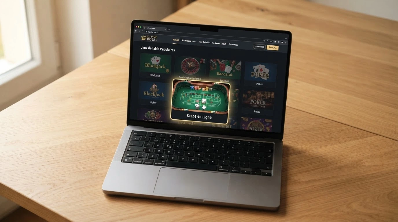 Écran d'accueil de casino en ligne affichant une vignette de craps parmi les jeux de table disponibles