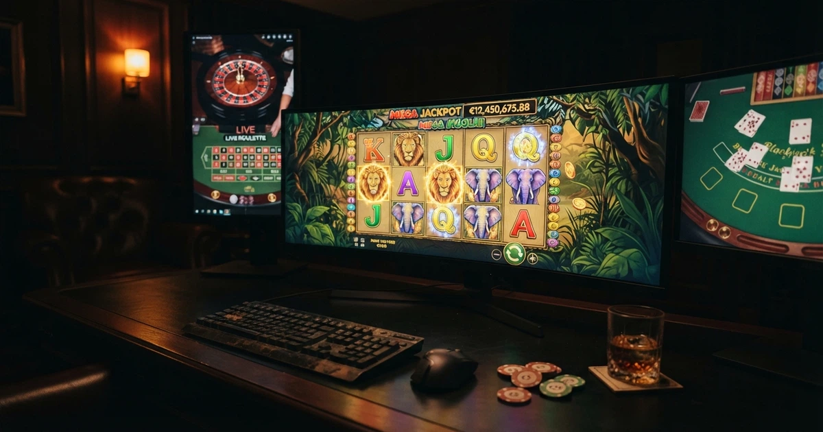 Vitrine de casino en ligne affichant une interface de jeu, machines à sous et tables de jeu virtuelles