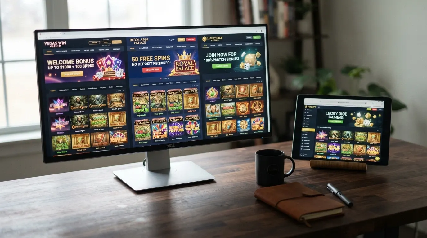L'interface d'accueil de trois casinos en ligne affichée sur un écran d'ordinateur et une tablette côte à côte, chaque page montrant une section machines à sous et un bandeau de bienvenue