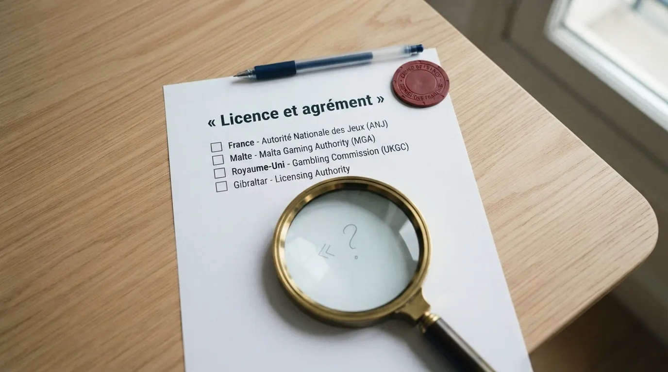 Un tableau comparatif posé sur un bureau avec les logos de dix casinos de slots, une loupe posée sur la colonne des licences
