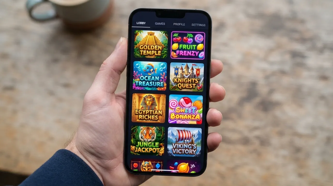 Écran de téléphone présentant une mosaïque de machines à sous colorées et l'interface de navigation d'un casino mobile