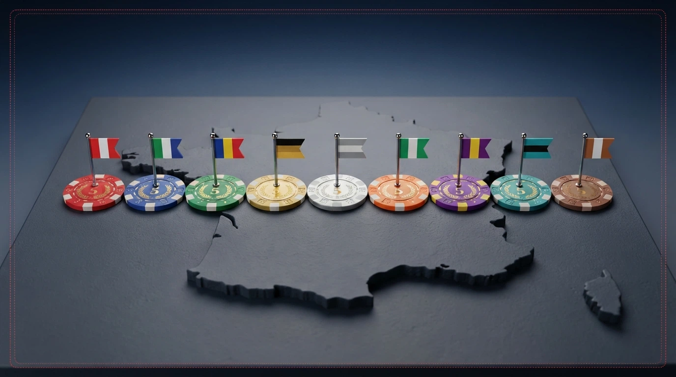 Une table de comparaison stylisée avec des jetons de casino de couleurs différentes alignés sur une carte de France, chaque jeton portant un drapeau différent pour symboliser les licences offshore.