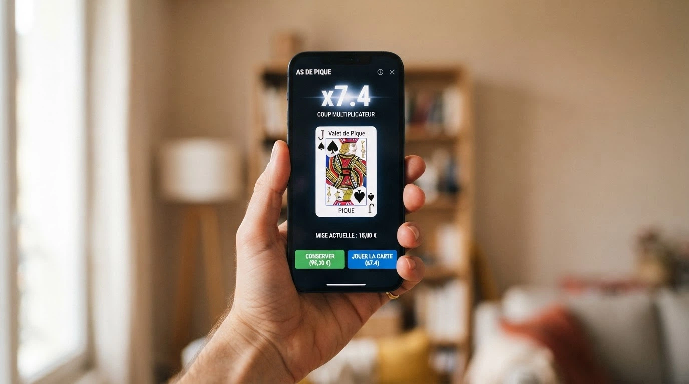 Une main tenant un smartphone affichant une partie de Hi Lo en cours, avec trois cartes visibles et un multiplicateur à x4,2 affiché en haut de l'écran