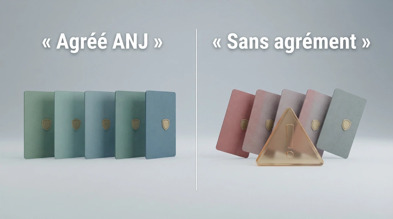 Graphique comparatif à deux colonnes : à gauche les logos des cinq opérateurs agréés ANJ, à droite les noms des cinq casinos offshore barrés d'une icône d'avertissement