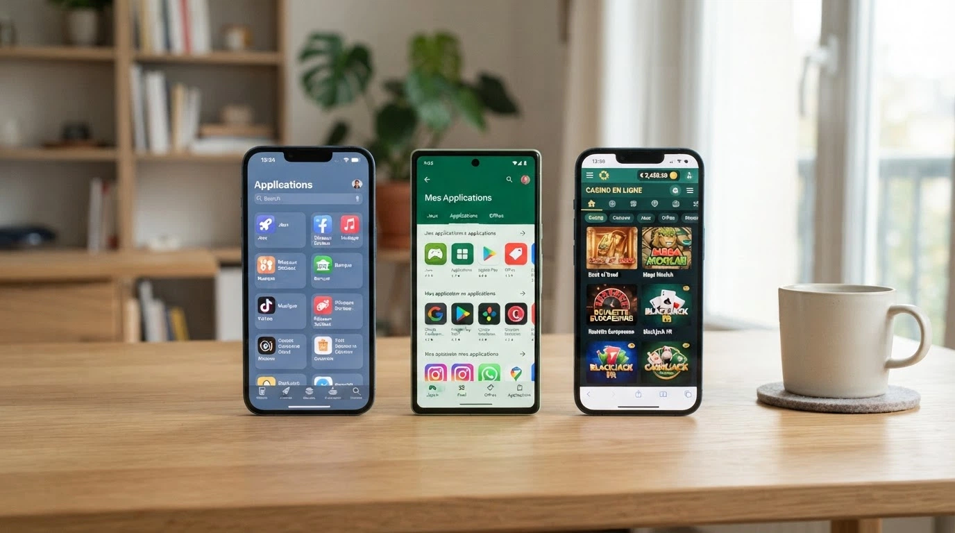 Trois smartphones posés côte à côte affichant respectivement l'App Store, le Google Play Store et un navigateur mobile ouvert sur un site de casino
