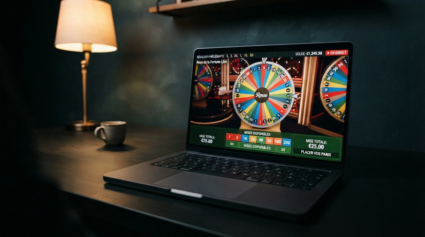 Interface de casino en ligne affichant le jeu Crazy Time avec la roue, les segments de mise et le croupier en streaming HD