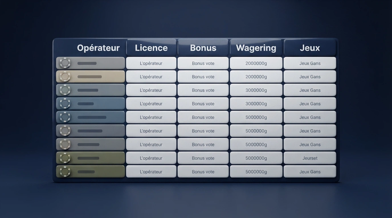 Un tableau comparatif de casinos en ligne affiché sur un écran, avec des colonnes de bonus, de licences et de fournisseurs de jeux