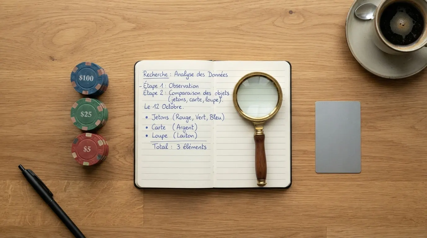 Un tableau comparatif posé sur un bureau avec des cartes de casino, une loupe et un carnet de notes manuscrit