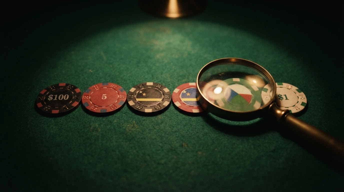 Une rangée de jetons de casino portant les drapeaux de Curaçao et d'Anjouan, partiellement recouverts par une loupe
