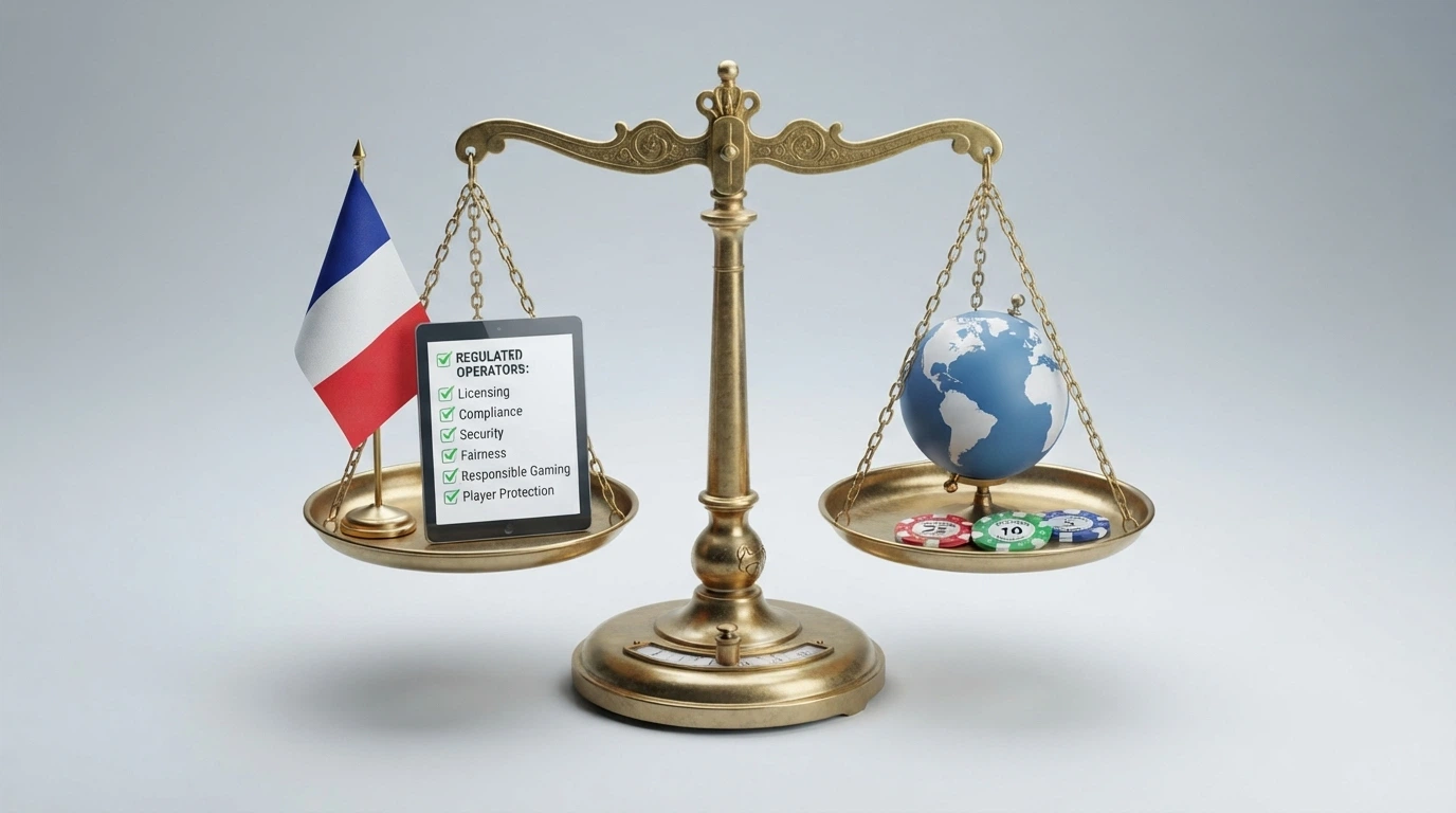 Une balance à deux plateaux : d'un côté le drapeau français et un écran affichant les logos d'opérateurs agréés, de l'autre un globe et des icônes de casino sans drapeau.
