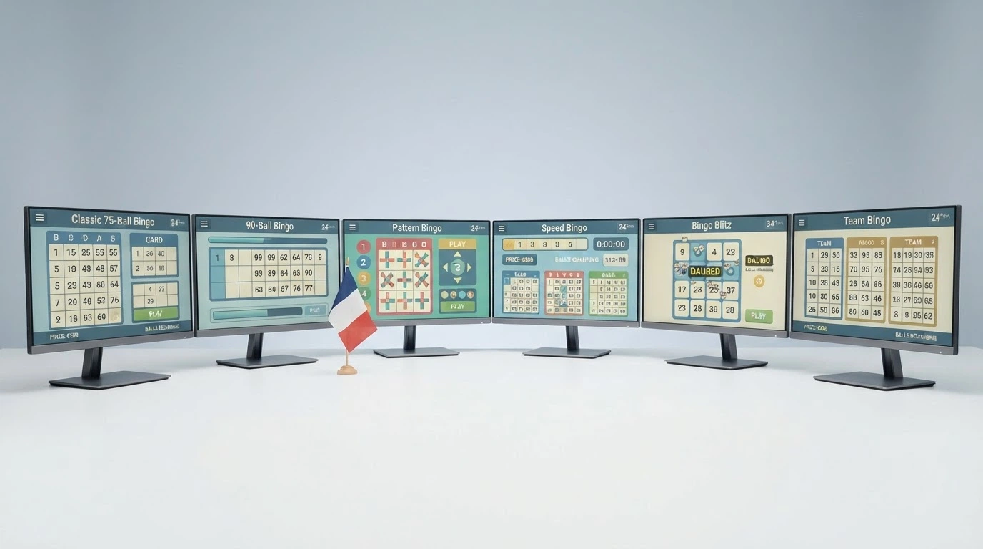Un éventail de logos ou d'interfaces de plateformes de bingo disposés côte à côte, avec le drapeau français en filigrane