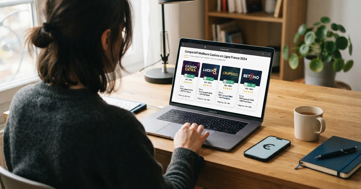 Comparaison de plusieurs casinos en ligne affichant des fiches avec notes, bonus et licences côte à côte sur un écran