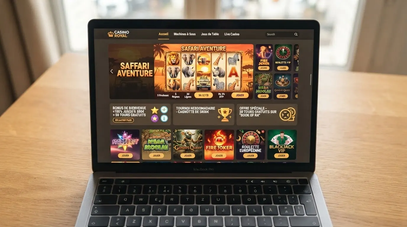 Interface de casino en ligne affichant la machine à sous Mega Moolah dans son lobby de jeux, entourée d'offres de bonus