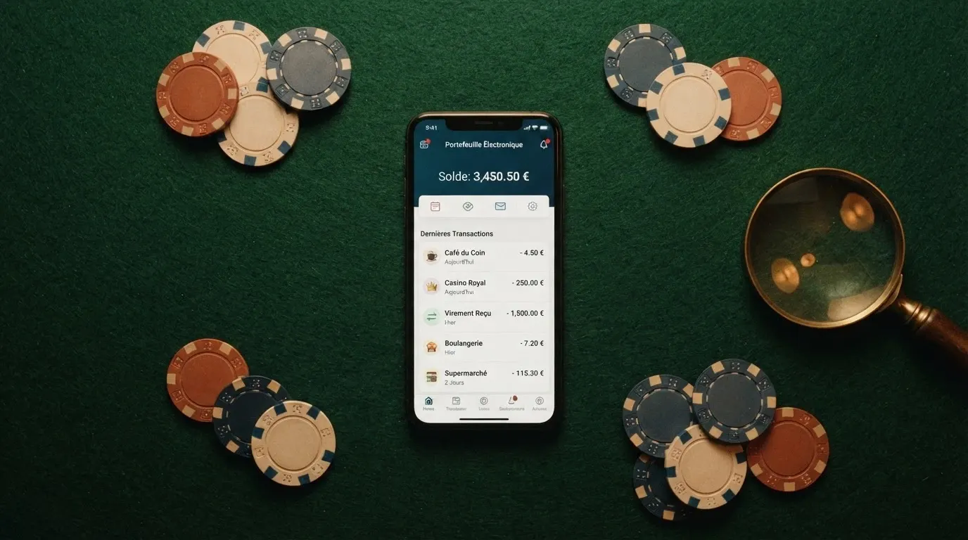 Une grille de comparaison posée sur une table de jeu, avec des fiches colorées représentant différents casinos, une loupe et un téléphone affichant MuchBetter